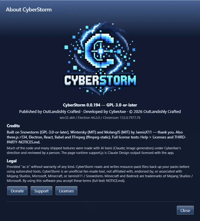 The About CyberStorm dialog with the logo, credits and legal text
