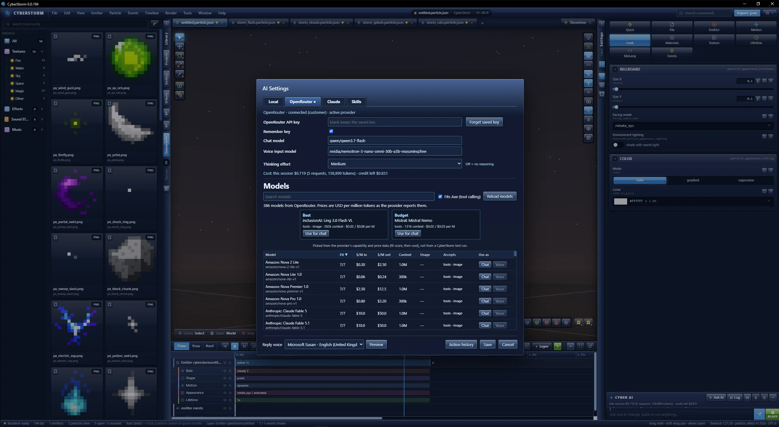 AI Settings with Local, OpenRouter, Claude and Skills tabs and a sortable list of 386 models with price, context and capabilities