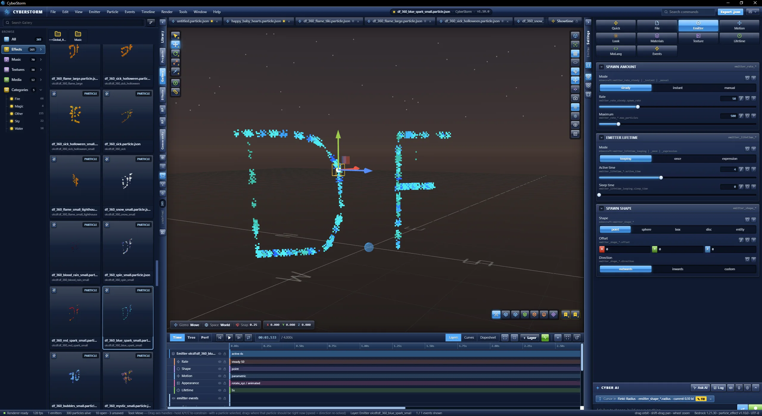 Library gallery of particle effects with thumbnails on the left, a DF shaped effect in the viewport and Emitter settings on the right