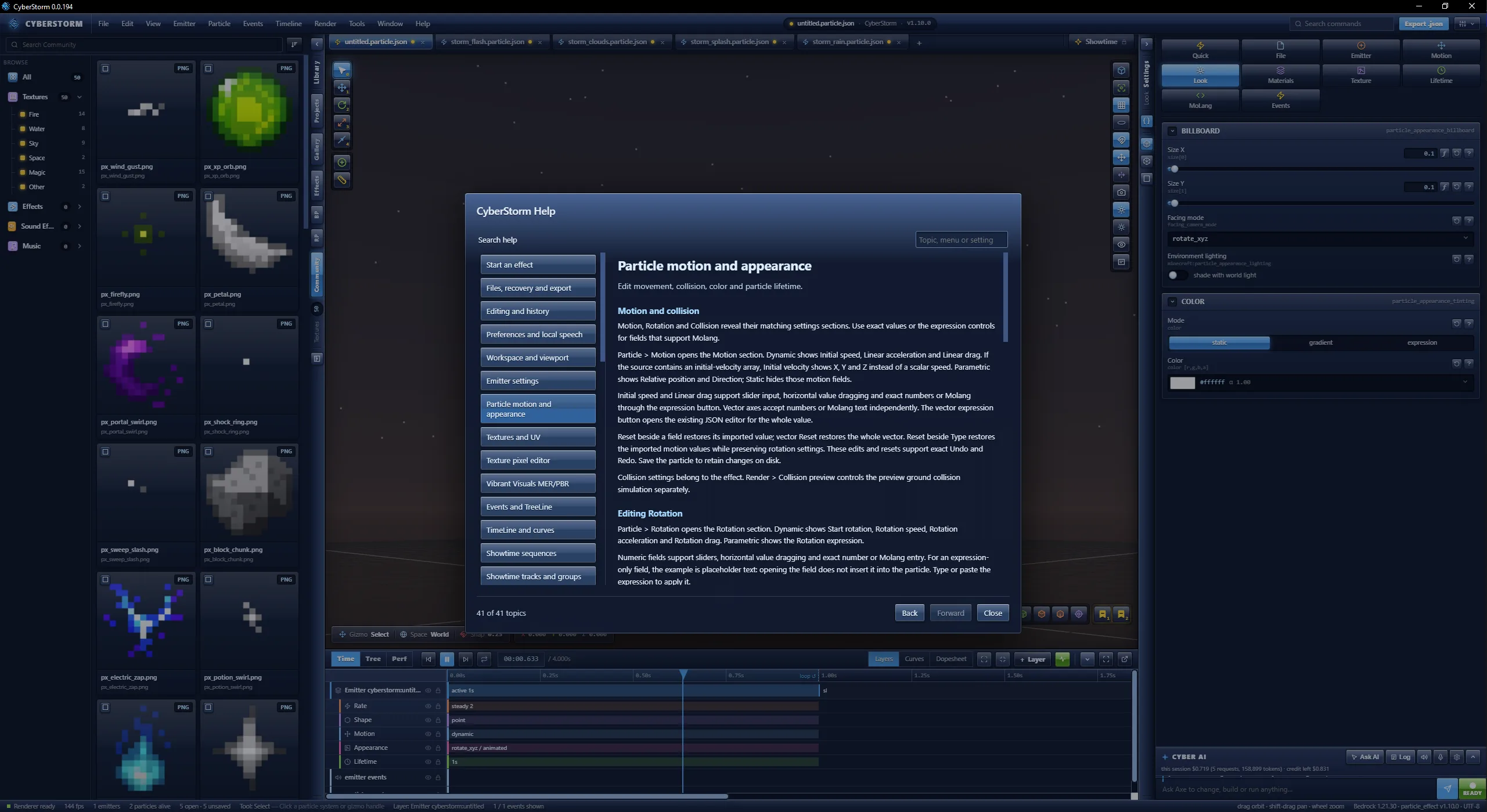 The CyberStorm Help window open on Particle motion and appearance, with the topic list on the left