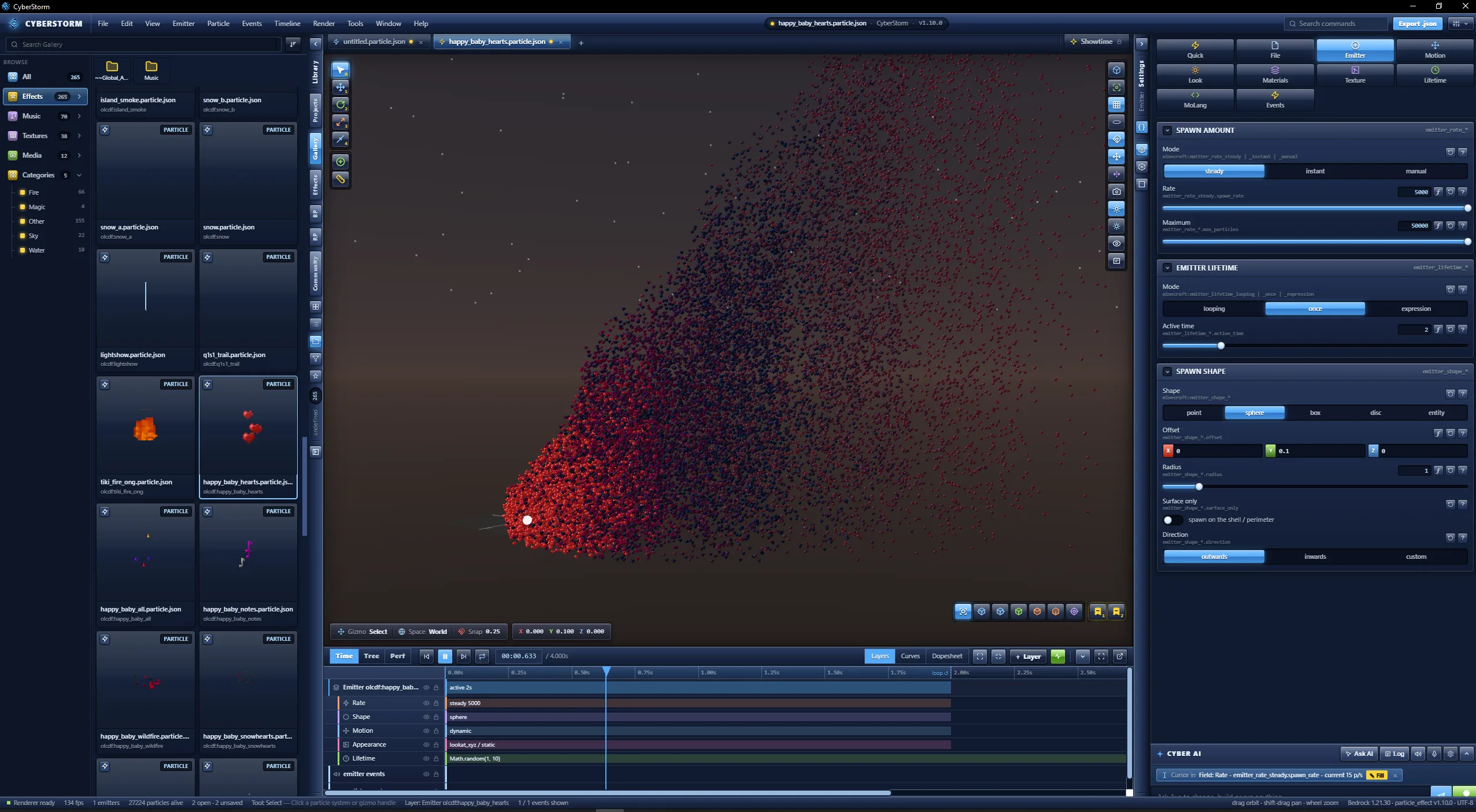 Emitter settings open on the right with spawn amount, emitter lifetime and spawn shape fields, while a heart burst plays in the viewport