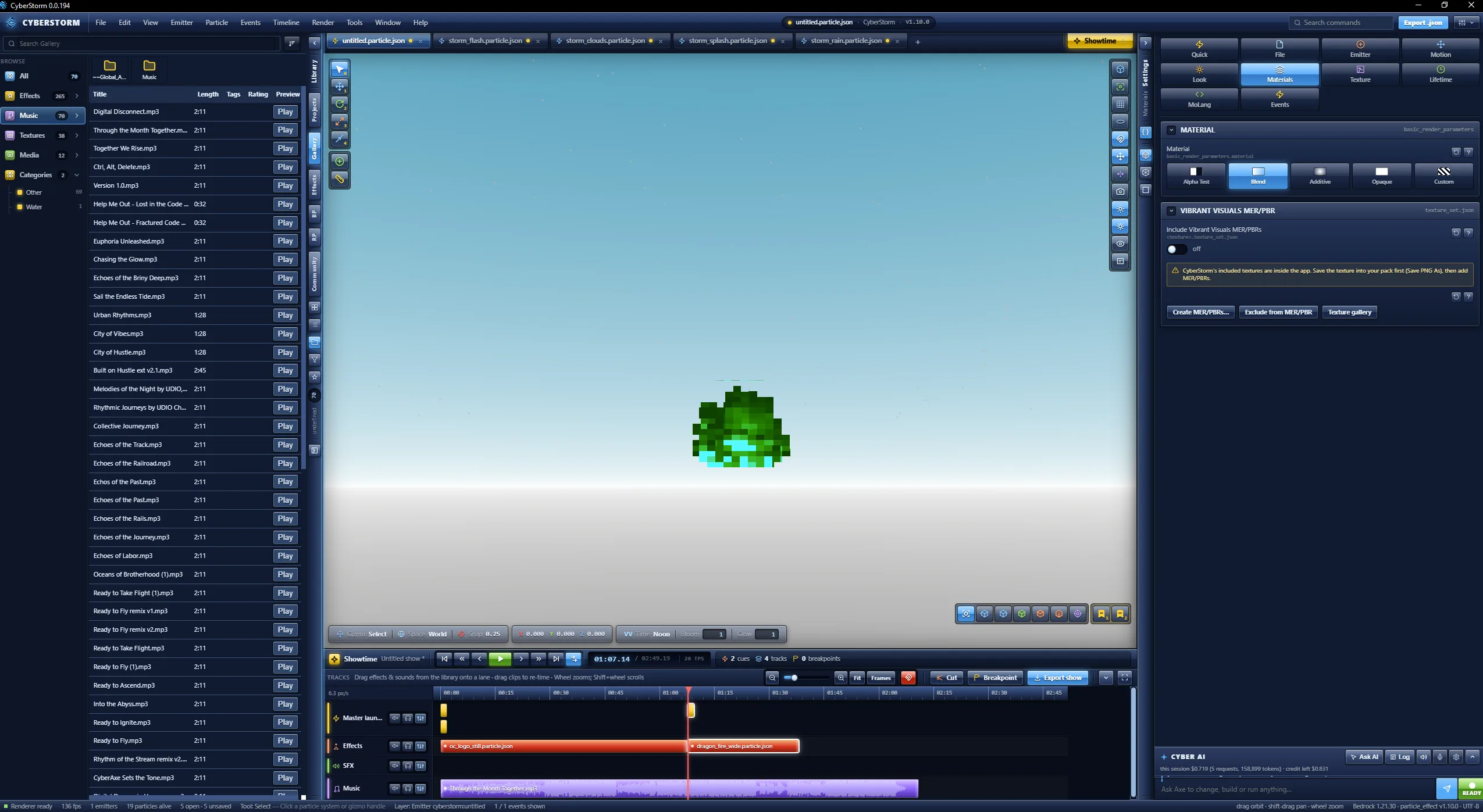 Showtime with Master launcher, Effects, SFX and Music tracks, two effect clips, a music waveform and the playhead at 1:07