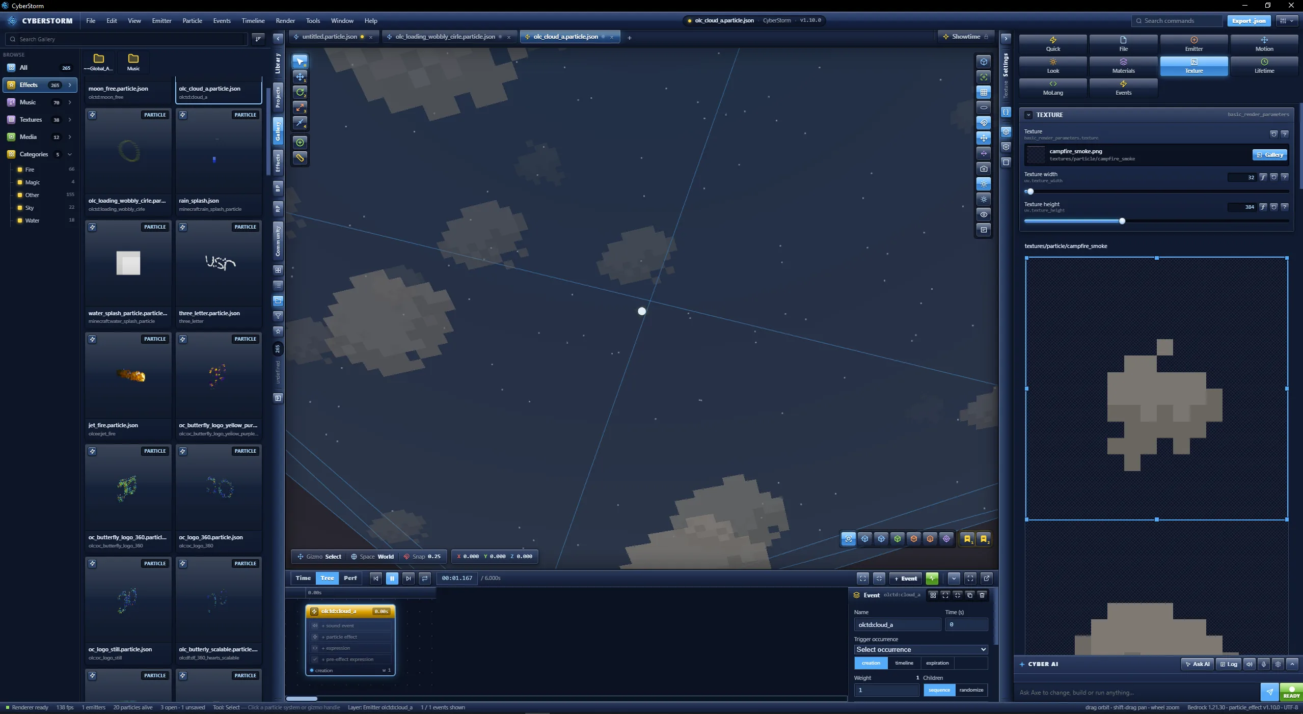 TreeLine open under the viewport with the olctd:cloud_a event selected and the event inspector showing name, time, trigger occurrence, weight and children