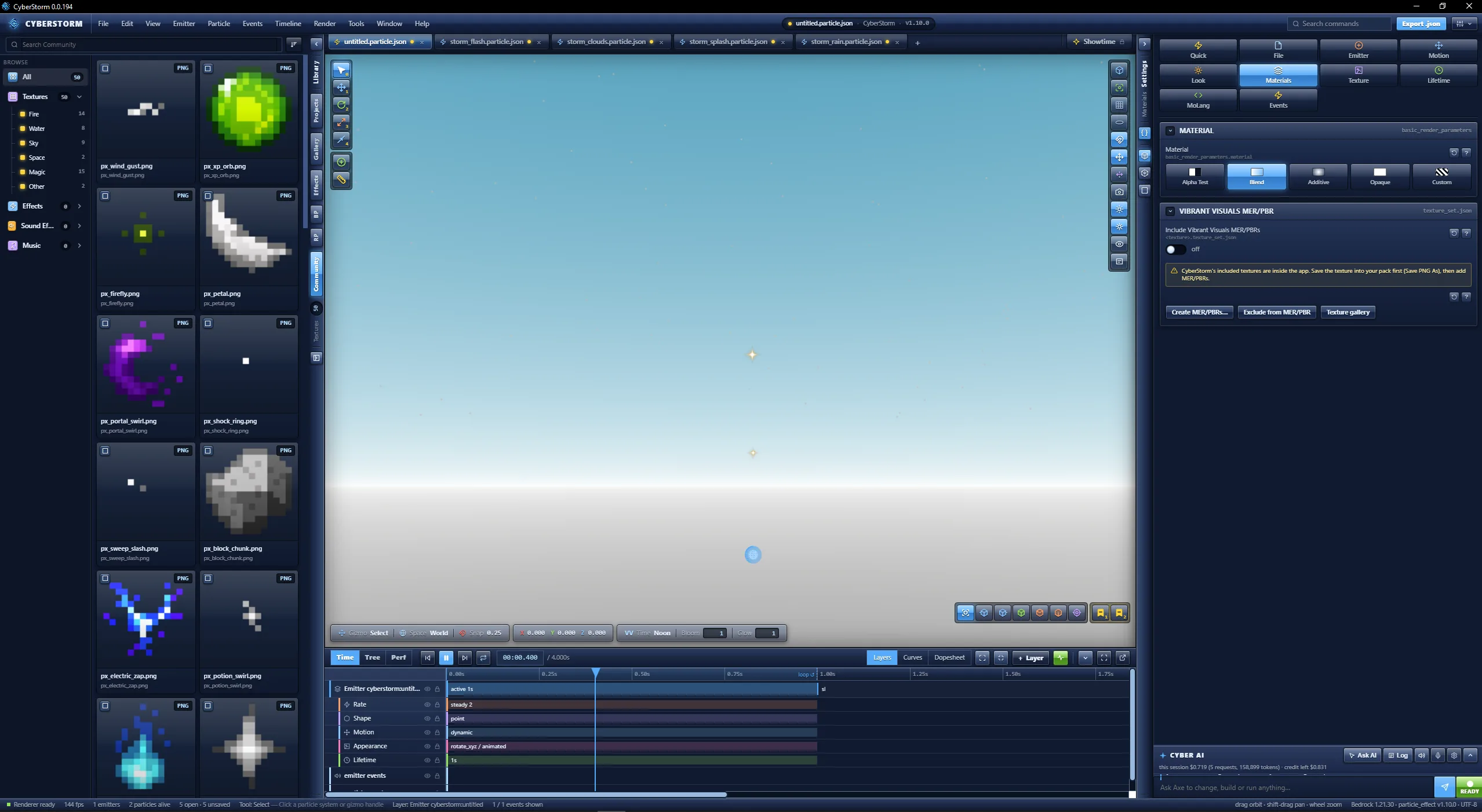 Vibrant Visuals preview at noon with a daylight sky, and the Materials tab showing the MER/PBR group