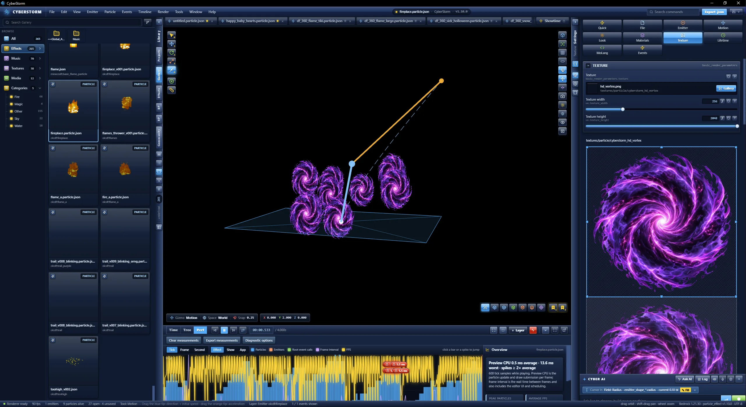 Motion gizmo with a blue direction arm and an orange acceleration arm over purple vortex sprites, PerformanceLine graph below